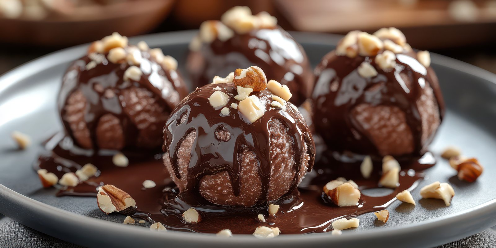 Decadent chocolate dessert balls drizzled with sauce and sprinkled with nuts on a plate